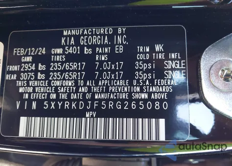 2024 Kia Sorento X-Pro Sx Prestige из США, поврежденный, VIN 5XYRKDJF5RG265080